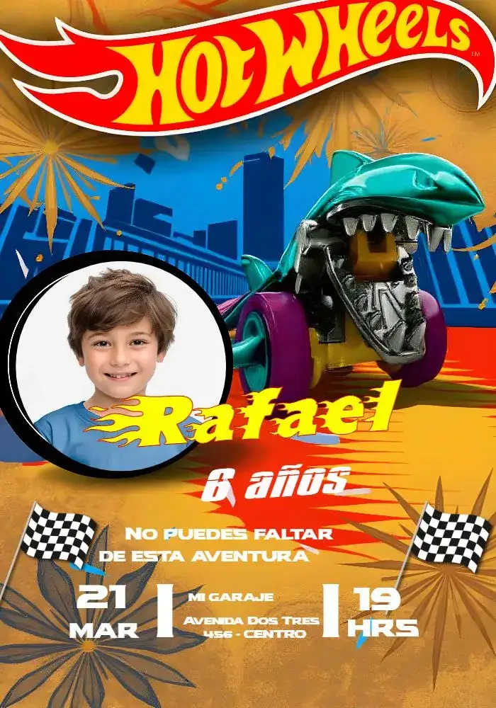 Invitación Hotwheels Con Foto Coche – tema Más buscados vibrante, moderno, colorido, divertido, temático, dinámico