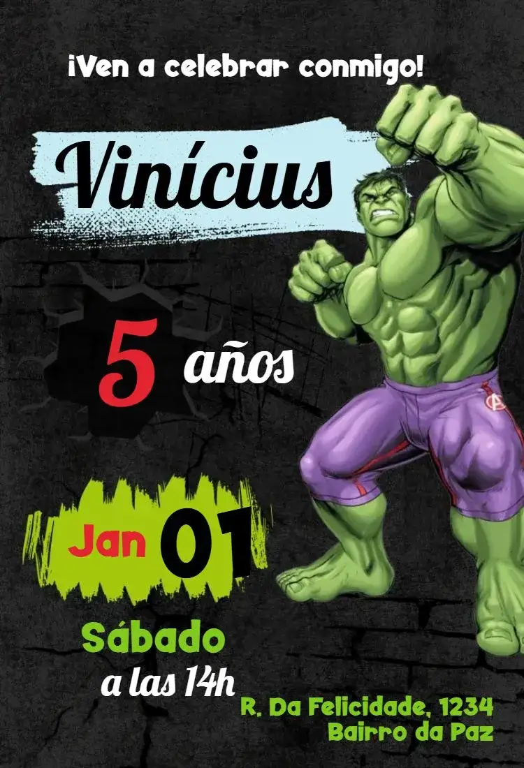 Invitación Hulk Pared – tema Más buscados verde intenso, superhéroes, aventura, fiesta infantil, moderno