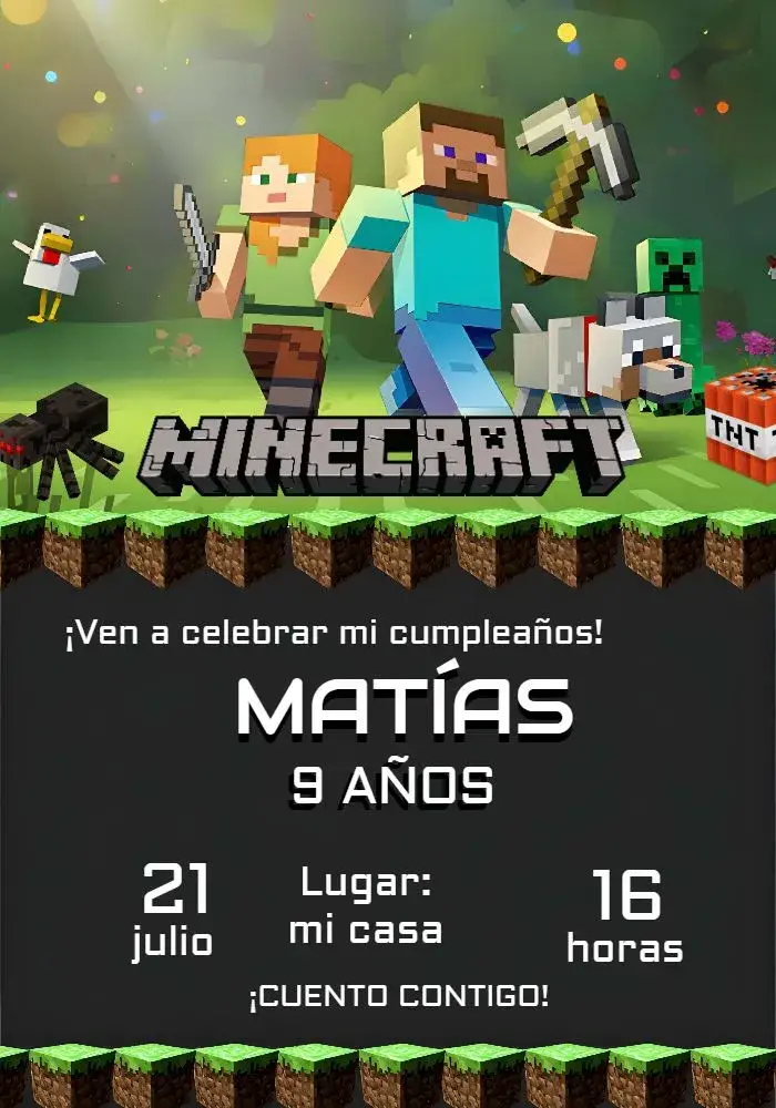 Invitación Minecraft Verde editable y personalizable