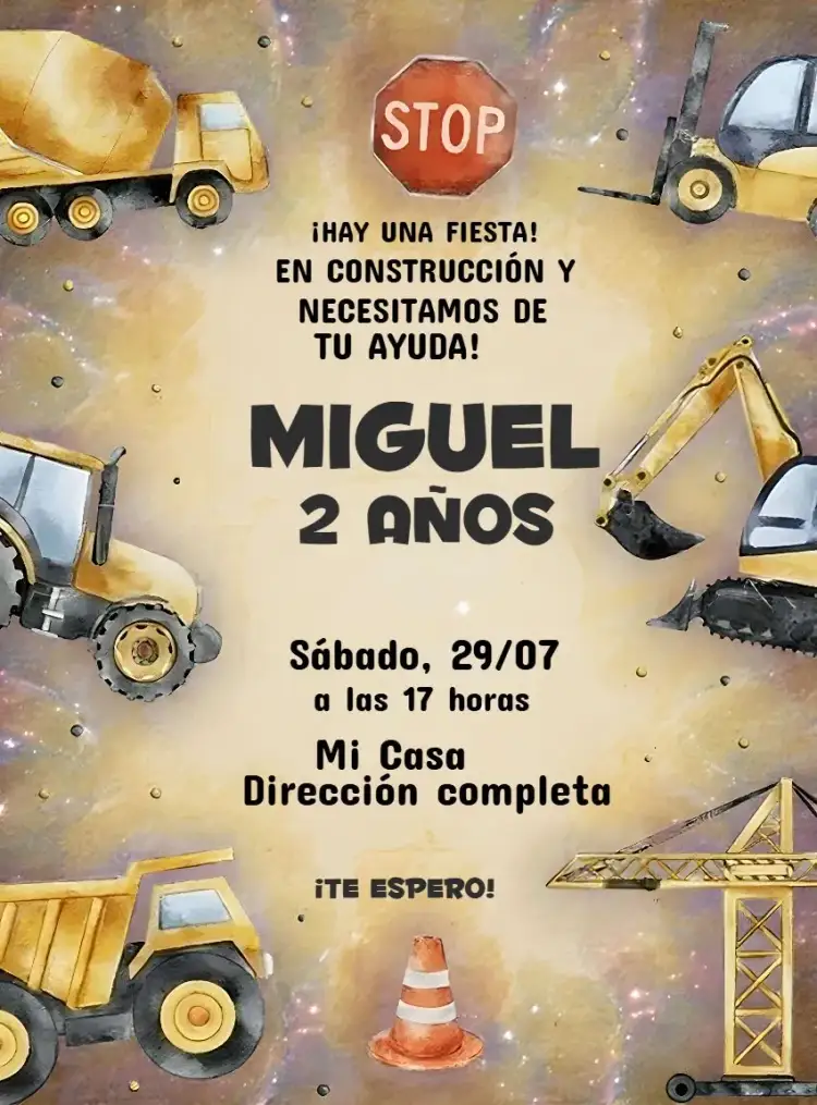 Invitación Tractor Construcción Online – tema Té Rifa amarillo, naranja, blanco, divertido, temático, infantil