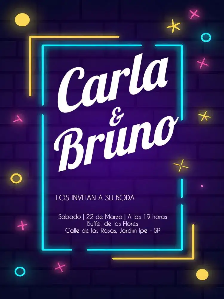Invitación Boda Neon Lila – tema Boda neón, moderno, morado, lila, iluminación LED, estilo contemporáneo