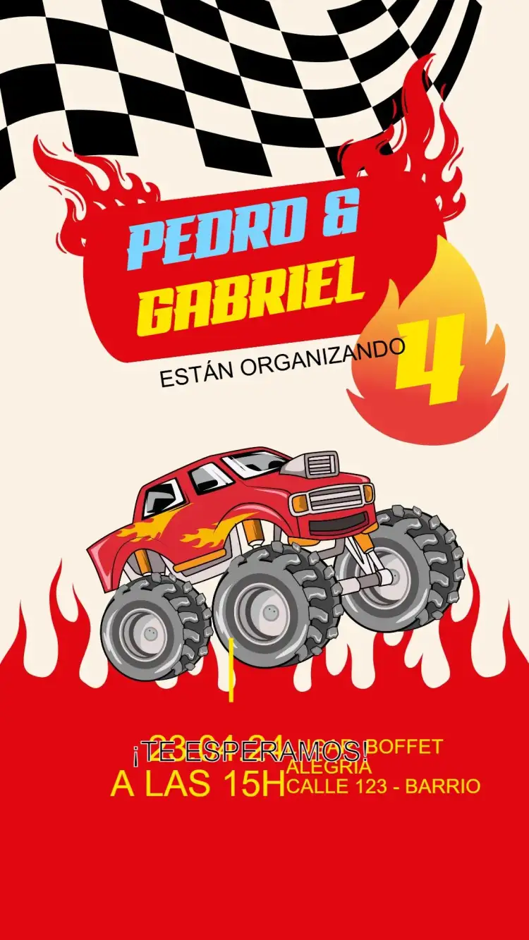 Invitación Invitación Cumpleaños Hotwheels – tema Cumpleaños Infantil colores vibrantes, estilo moderno, elementos gráficos de carreras, diseño dinámico, inspirado en autos, tema infantil