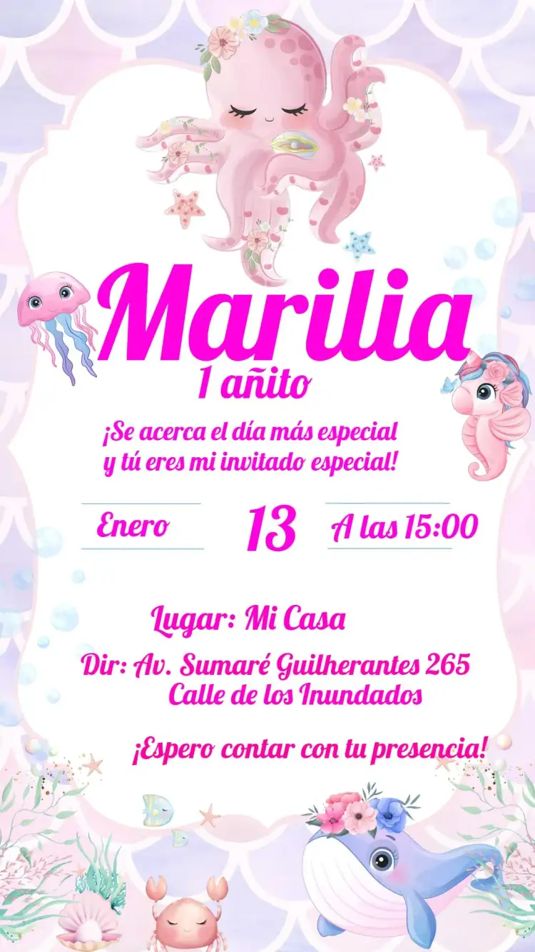 Invitación Fondo Del Mar Rosa Delicado – tema Cumpleaños Infantil fondo marino, rosa suave, divertido, colorido, infantil, temático