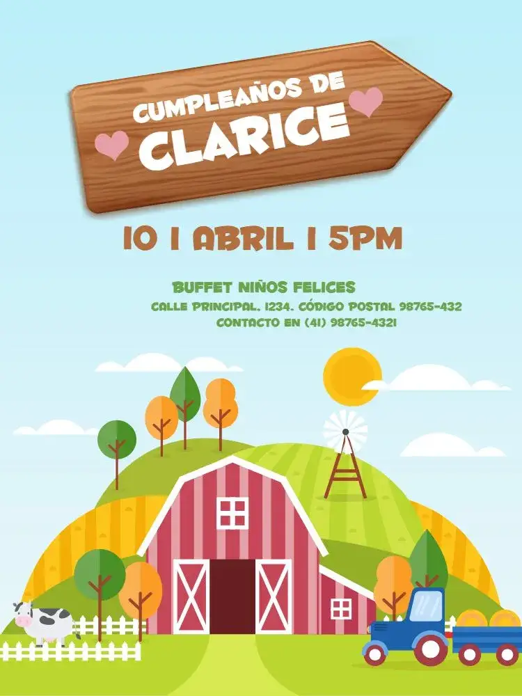 Invitación Granja Encuentro – tema Cumpleaños Infantil colores claros, estilo lúdico, elementos rurales, visual infantil, naturaleza