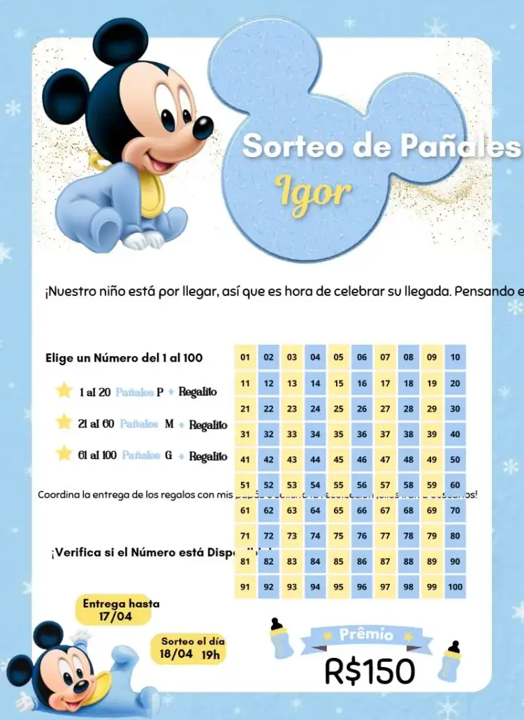 Invitación Mickey Baby Azul – tema Té Rifa azul claro, ilustraciones infantiles, divertido, colorido, temática Mickey, pijama