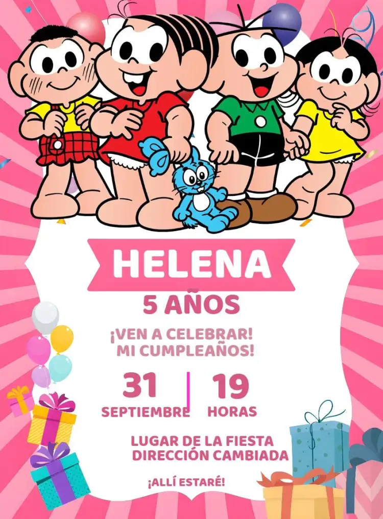 Invitación Turma De La Mónica Rosa Chica Infantil – tema Cumpleaños Infantil rosa, divertido, infantil, colorido, lúdico