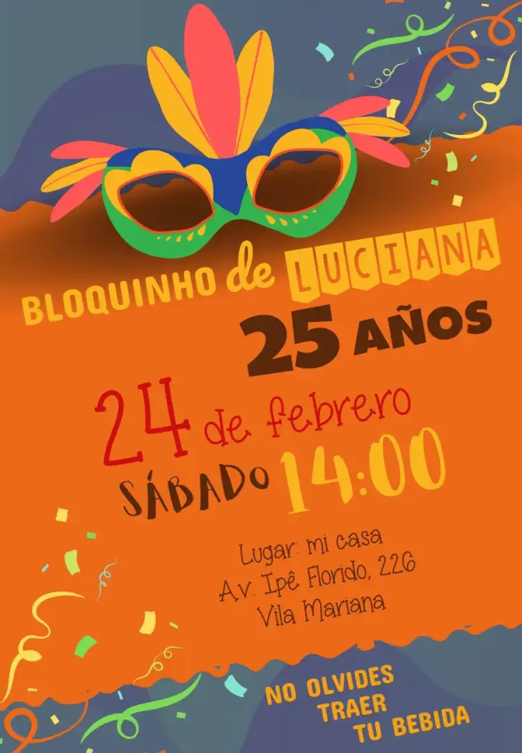 Invitación Bloquinho De Carnaval Eléctrico – tema Fechas Conmemorativas colorido, carnaval, divertido, brasileño, festivo, tropical