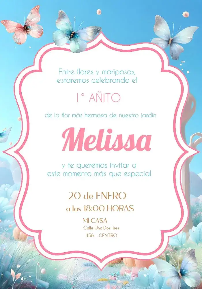Invitación Jardín de las Flores Hada – tema Fechas Conmemorativas floral, romántico, encantado, colorido, infantil