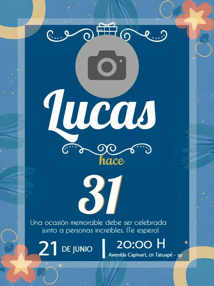 Invitación Masculino Con Foto Fiesta – tema Cumpleaños moderno, limpio, minimalista, azul y dorado, chevron, elegante