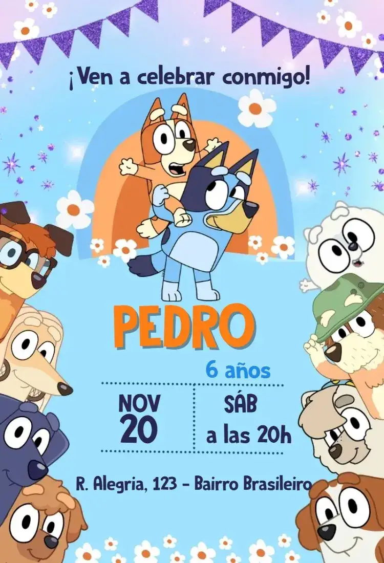Invitación Bluey y Bingo – tema Cumpleaños Infantil azul, divertido, colorido, infantil, temático, animales