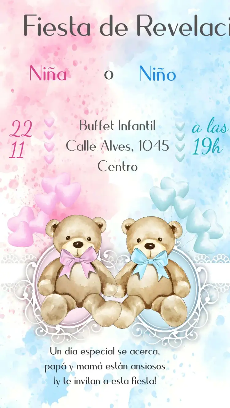 Invitación Fiesta de Revelación de Género – tema Revelación Bebé osos de peluche, pastel, divertido, colorido, moderno, alegre