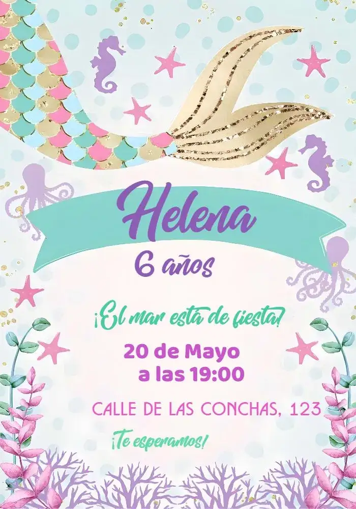 Invitación Sirena – tema Más buscados místico, marino, colorido, fantasía, tropical, lúdico