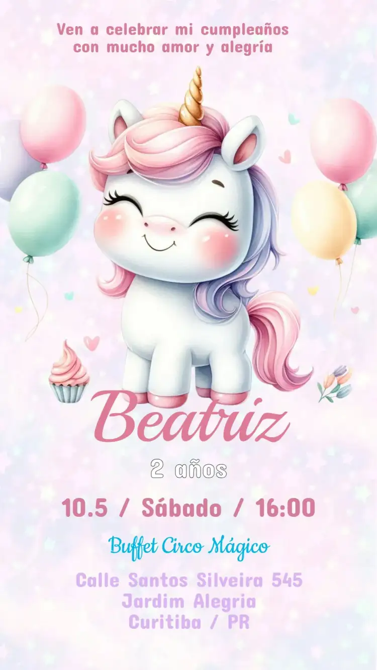Invitación Invitación Cumpleaños Unicornio – tema Cumpleaños Infantil tonos suaves, elementos mágicos, ilustraciones lúdicas, estilo divertido, tema de fantasía