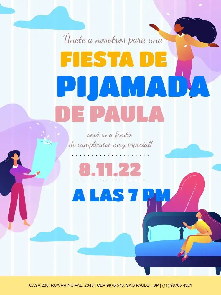Invitación Fiesta De Pijama Persona – tema Cumpleaños Infantil colorido, lúdico, divertido, nubes, estrellas, infantil