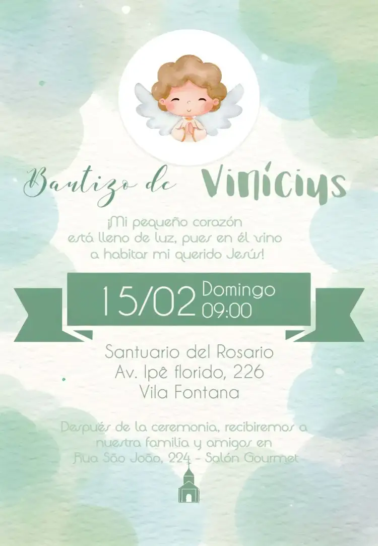 Invitación Bautizo Angelito Blanco – tema Primera Comunión minimalista, clásico, católico, delicado, verde y blanco, angelical