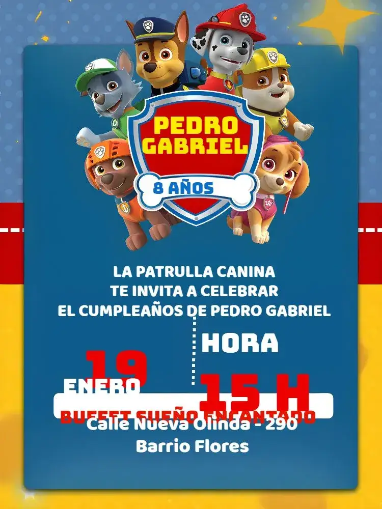 Invitación Patrulla Canina Naranja – tema Cumpleaños Infantil colorido, lúdico, divertido, temático, infantil, moderno