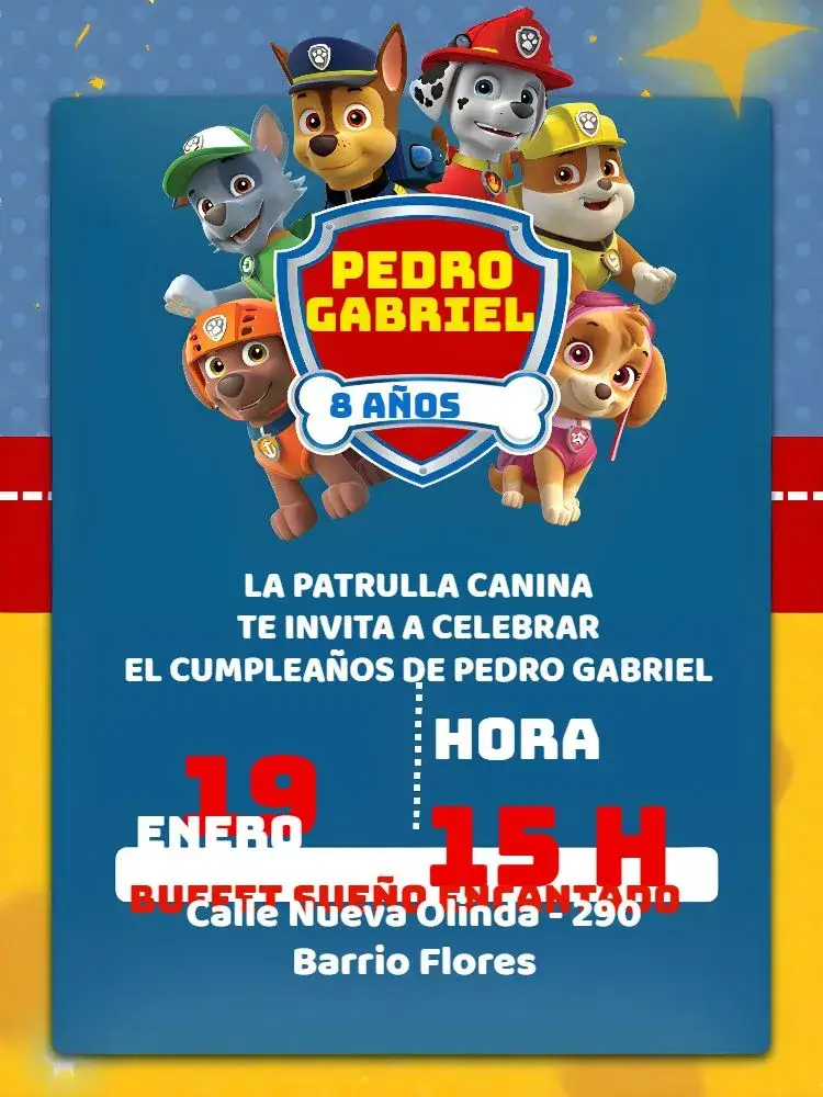 Invitación Patrulla Canina Naranja editable y personalizable