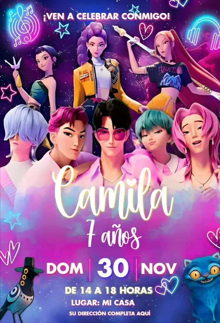Invitación Personajes de Guerreiras do Kpop – tema Cumpleaños lila, rosa, azul, moderno, divertido, temático