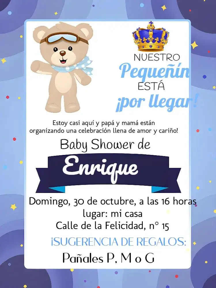 Invitación Baby Shower Oso Príncipe Realeza – tema Baby Shower azul y blanco, realeza, oso de peluche, moderno, elegante