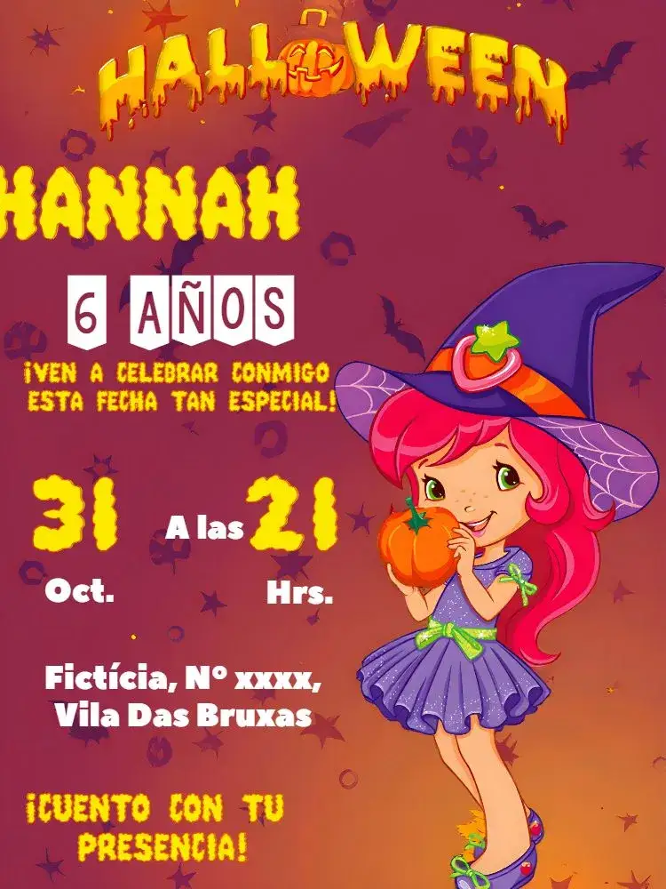 Invitación Fiesta de Halloween de Fresa – tema Fechas Conmemorativas colores vibrantes, estilo lúdico, elementos gráficos de Halloween, tema de Fresa, diseño colorido, ambiente festivo