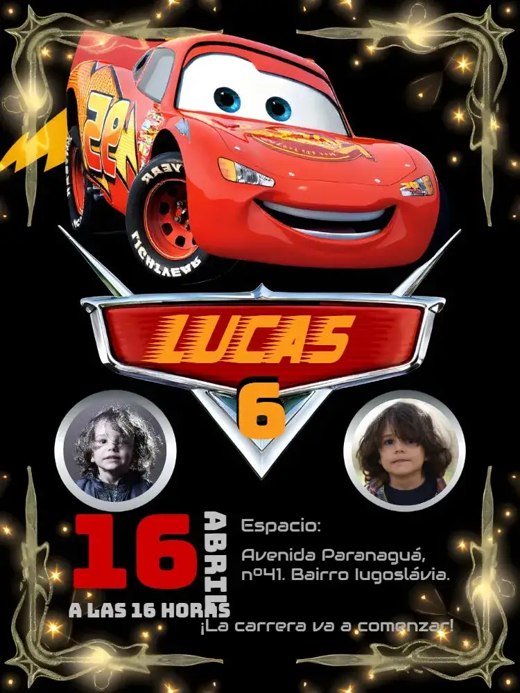 Invitación Rayo McQueen Negro – tema Más buscados moderno, colorido, temático, infantil, dinámico