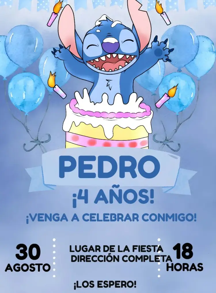Invitación Stitch Acuarela Infantil