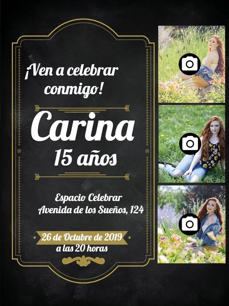 Invitación 15 Años Con Fotos Cuadro – tema 15 años delicado, femenino, modernidad, mosaico de fotos, blanco y negro, elegante
