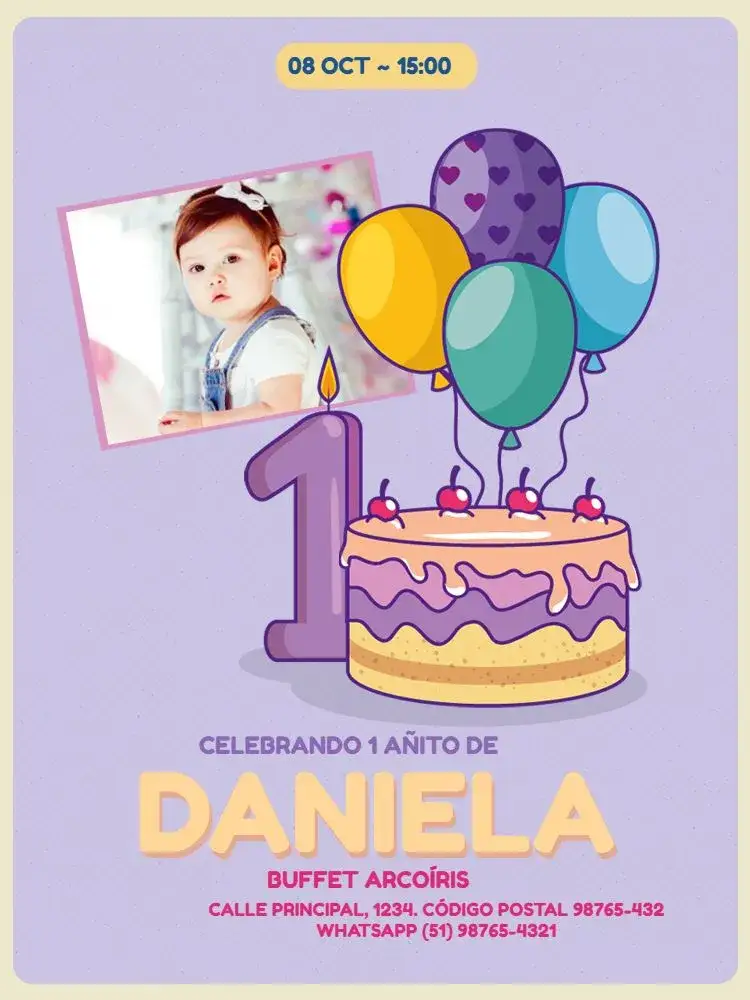Invitación Primer Año Niña Con Foto Femenino – tema Cumpleaños Infantil femenino, lúdico, morado, divertido, colorido, alegre