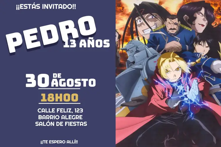 Invitación Full Metal Alchemist – tema Cumpleaños Infantil anime, colorido, moderno, jovial, fantasia