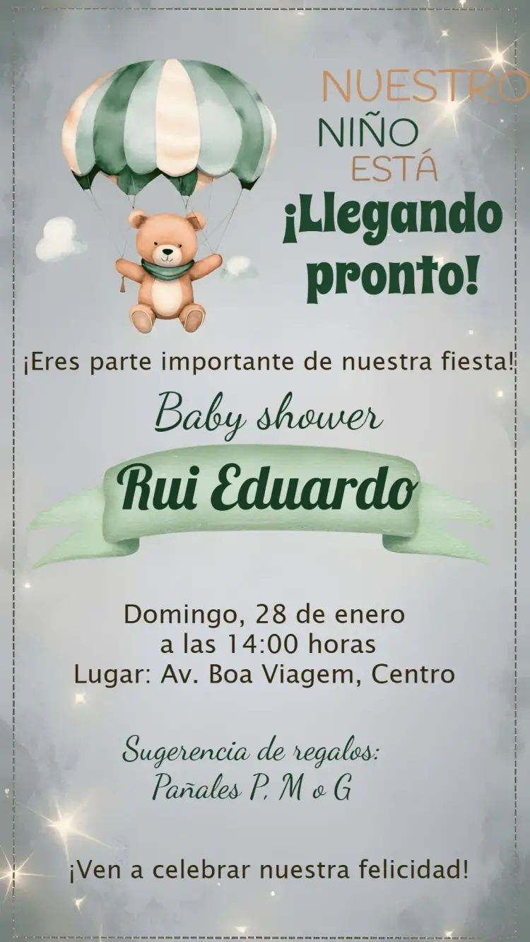 Invitación Baby Shower Osito Verde editable y personalizable