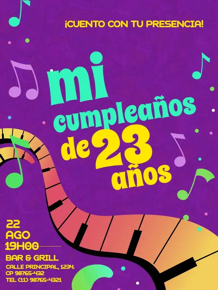 Invitación Musical Morado – tema Cumpleaños Infantil musical, años 70, colorido, divertido, morado, vintage