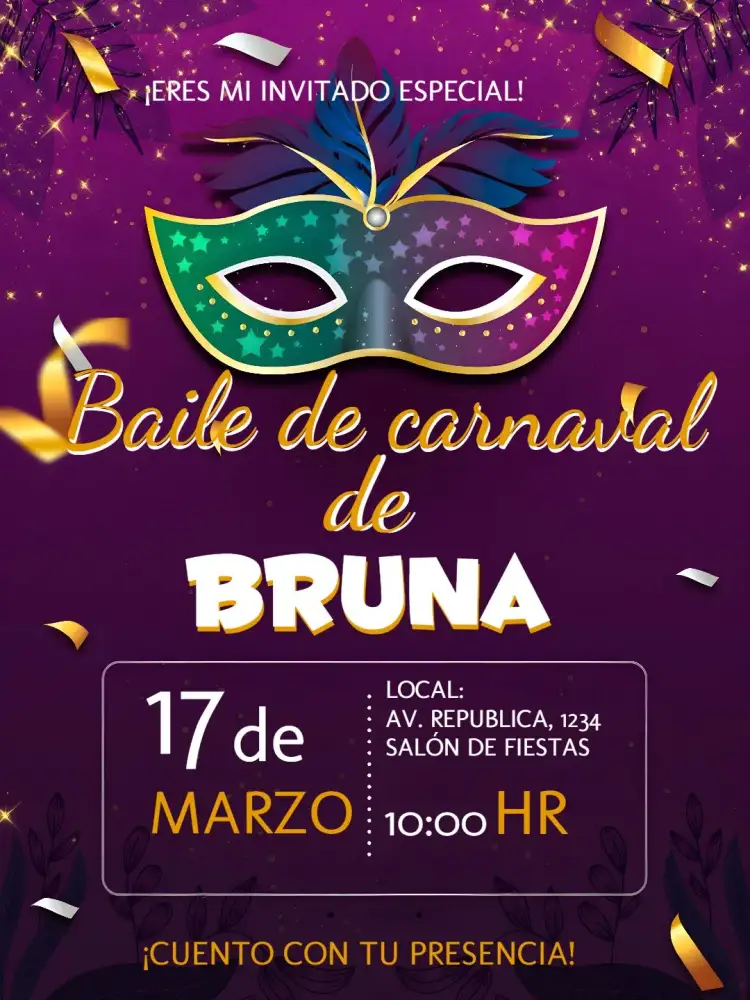 Invitación Baile de Carnaval Amarillo – tema Fechas Conmemorativas colorido, festivo, divertido, tropical, brilhante
