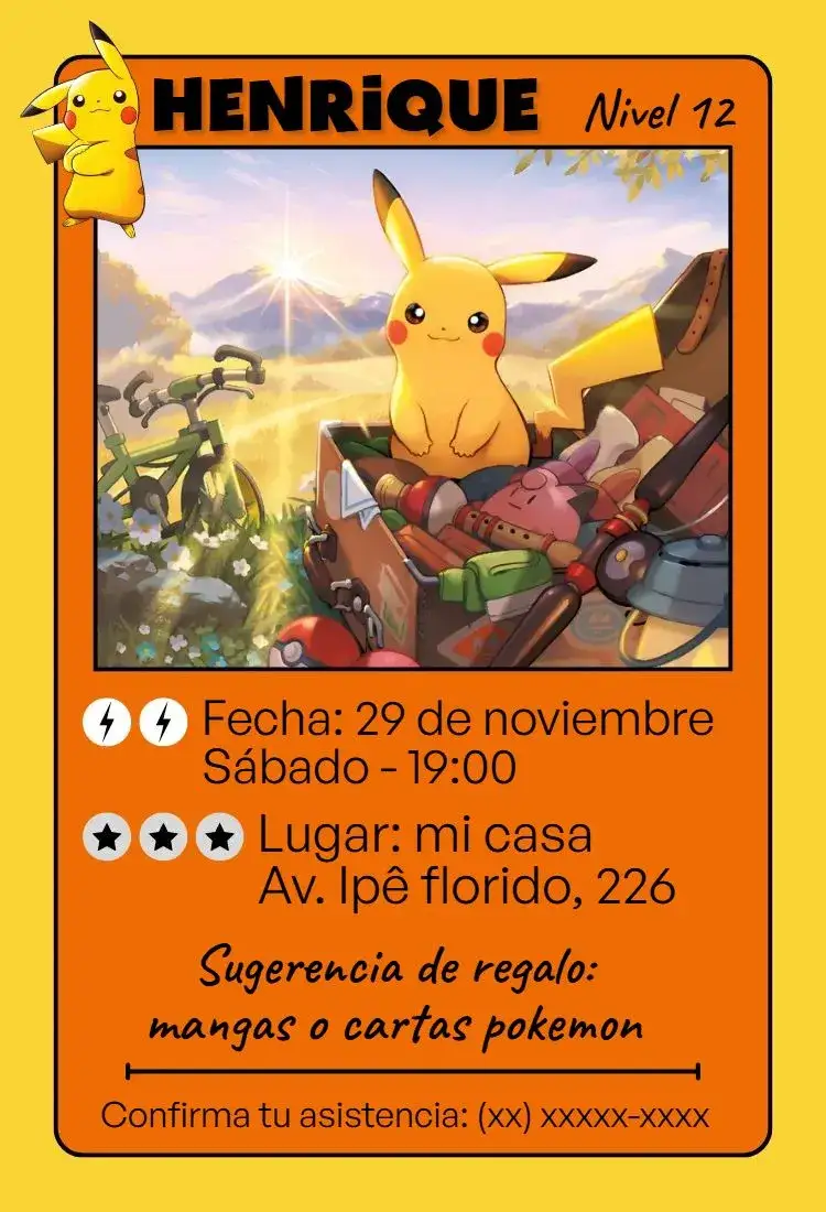 Invitación Cumpleaños Card Pokémon – tema Cumpleaños Infantil colorido, divertido, juegos, aventura, infantil