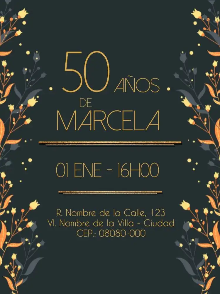 Invitación Virtual 50 Aniversario Flores Dorado – tema 15 años dorado, elegante, art déco, geométrico, floral, moderno