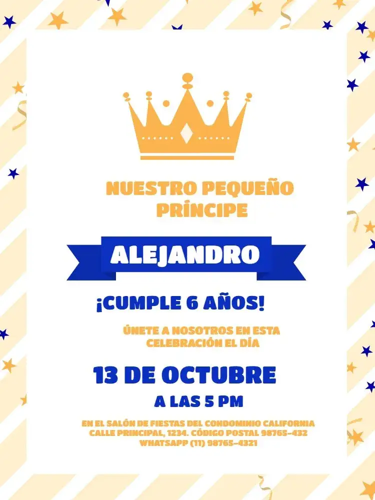 Invitación Príncipe Amarillo Azul – tema Cumpleaños Infantil lúdico, infantil, colores vibrantes, estilo moderno, elementos gráficos divertidos, estilo alegre