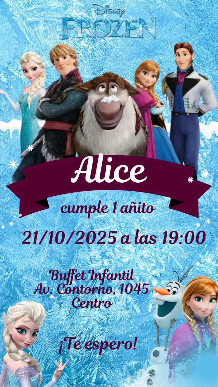 Invitación Congelado – tema Cumpleaños Infantil mágico, invierno, colorido, divertido, temático, fantasía