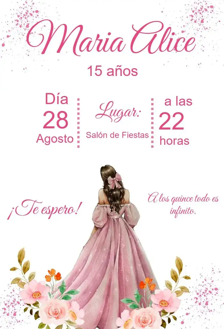 Invitación Invitación cumpleaños 15 años – tema 15 años rosa, elegante, moderno, floral, glamouroso