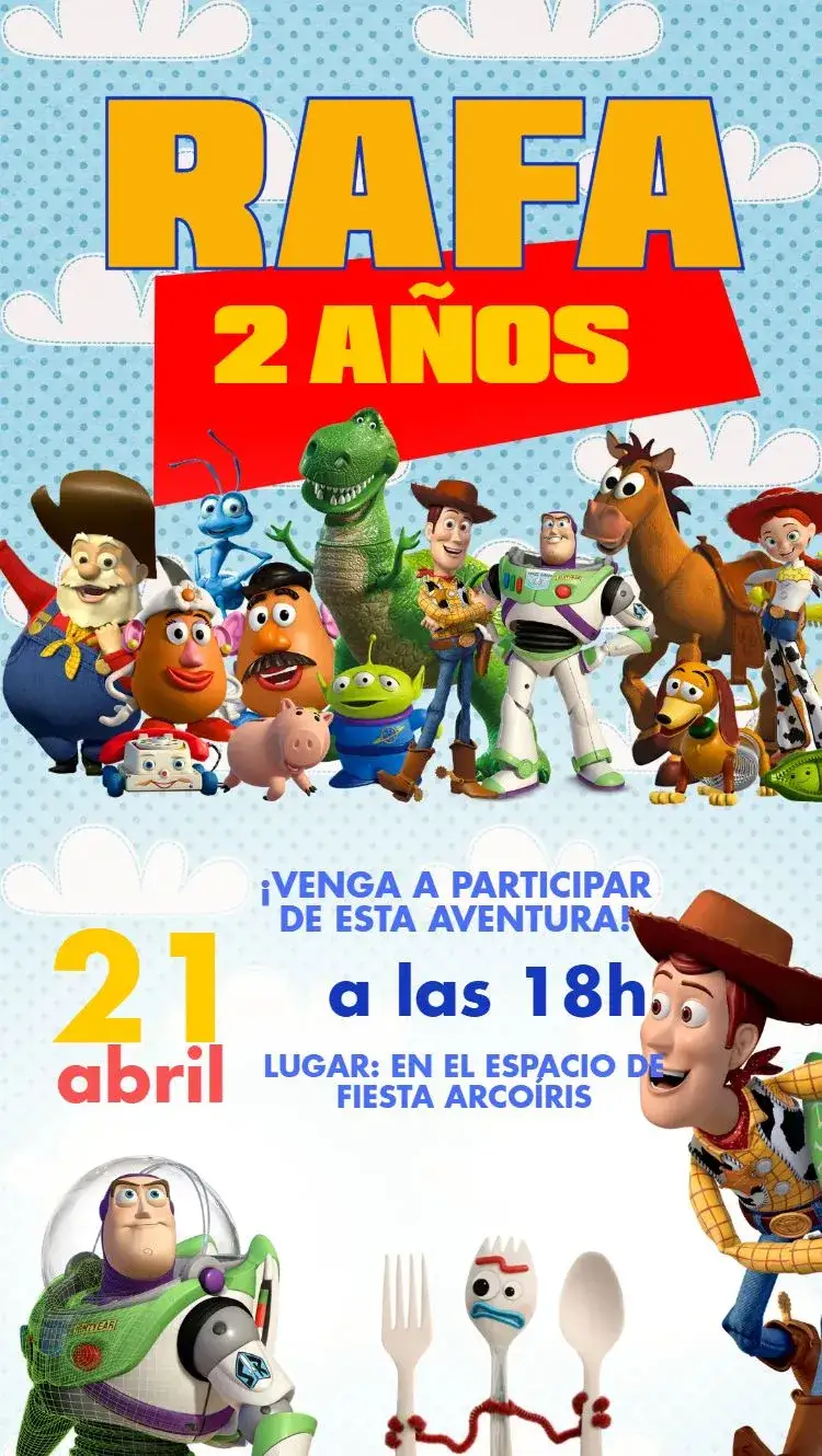 Invitación Toy Story – tema Cumpleaños Infantil colorido, divertido, lúdico, temático, infantil, Pixar