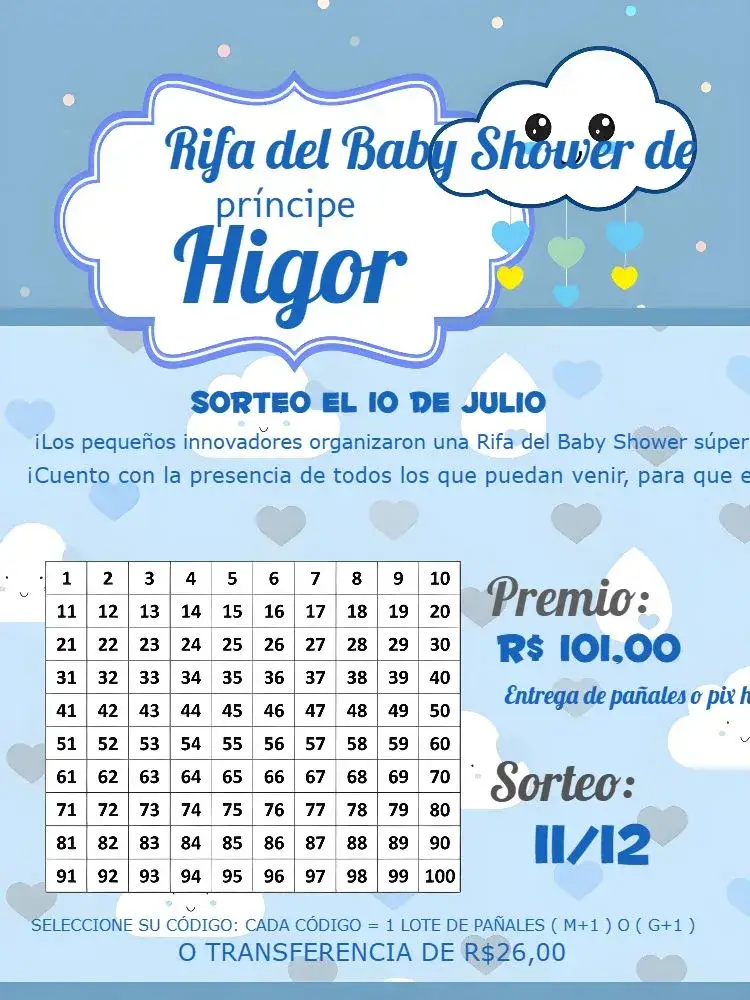 Invitación Té Rifa Lluvia De Bendiciones – tema Té Rifa azul, floral, moderno, festivo, alegre, minimalista