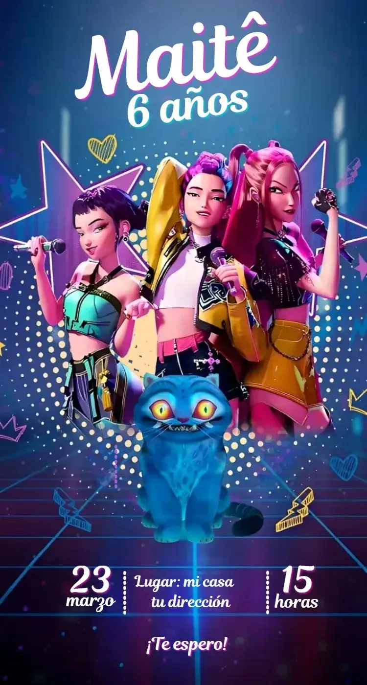 Invitación Guerreras del Kpop 10 – tema Cumpleaños vibrante, colorido, moderno, pop, temático, divertido