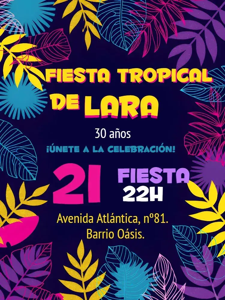 Invitación Farofa Tropical Neon – tema Despedida de Soltera tropical, neón, colorido, brillante, festivo
