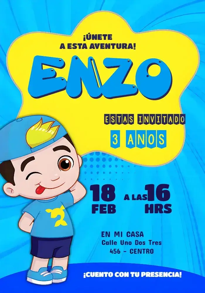 Invitación Luccas Neto Azul – tema Más buscados azul, colorido, divertido, infantil, temático, lúdico