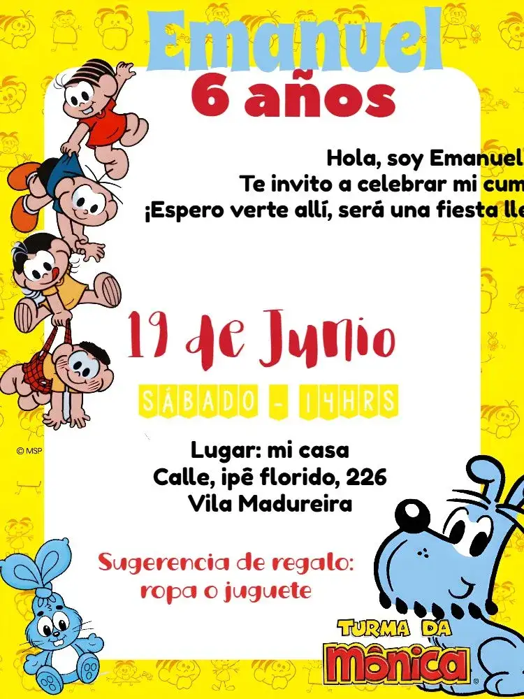 Invitación Turma Da Mónica Cebolinha – tema Cumpleaños Infantil colorido, divertido, infantil, temático, vibrante