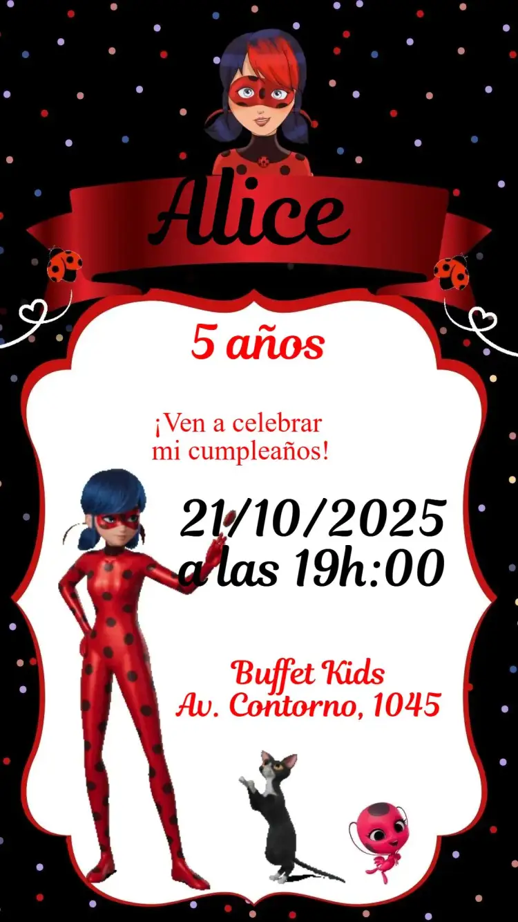 Invitación Mariquita – tema Cumpleaños mariquita, superheroína, animales