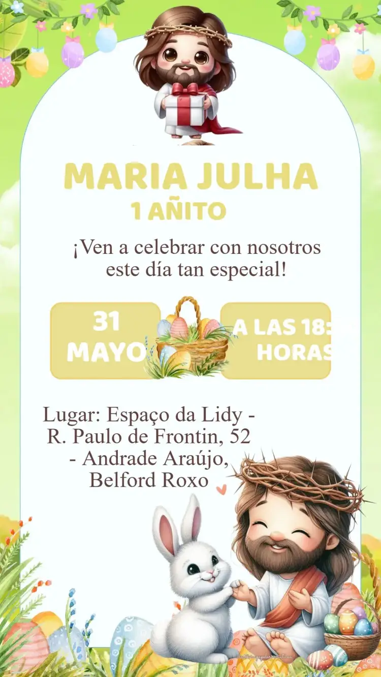 Invitación Invitación Cumpleaños Niño Jesús y Pascua – tema Cumpleaños Infantil colorido, religioso, divertido, infantil, feliz, festivo