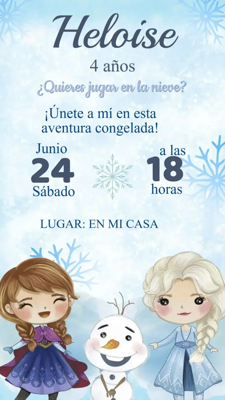 Invitación Invitación Cumpleaños Frozen – tema Cumpleaños Infantil invierno mágico, azul y blanco, escenas de la película, elementos de hielo, brillo y encanto