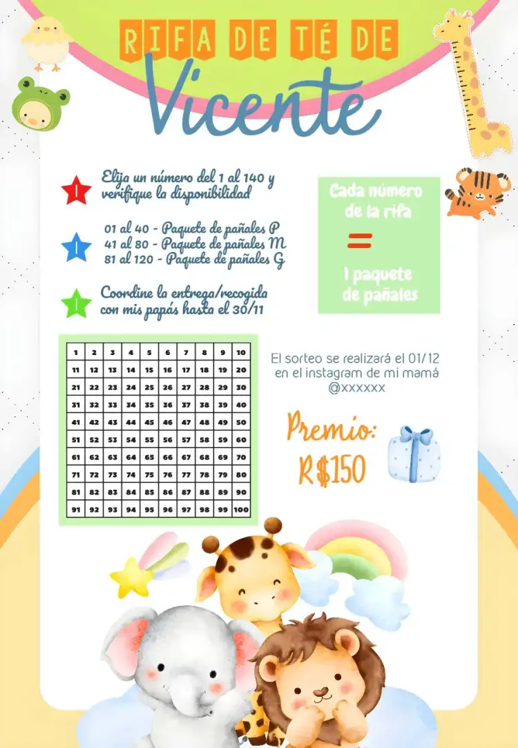 Invitación Té Rifa Safari Sabana – tema Té Rifa safari, colorido, infantil, divertido, animales, tropical