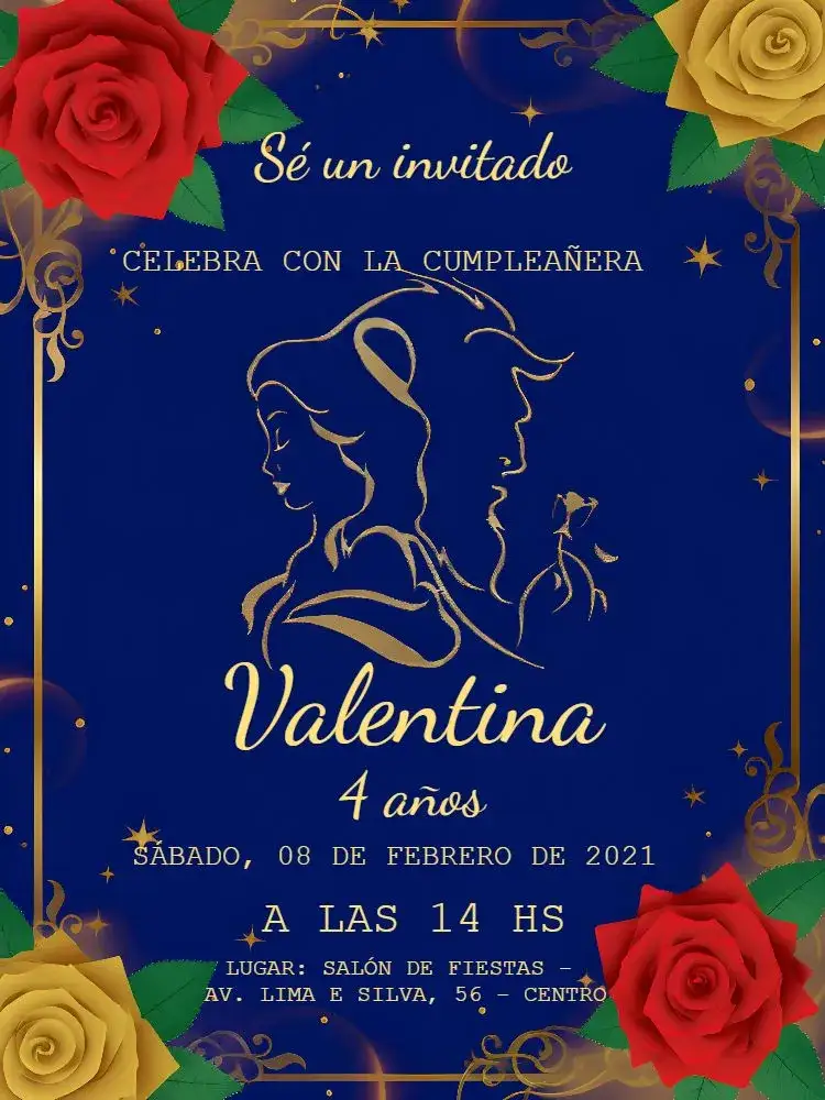 Invitación La Bella y la Bestia – tema Bautismo azul, disfraz, ilustración clásica, lúdico, colorido