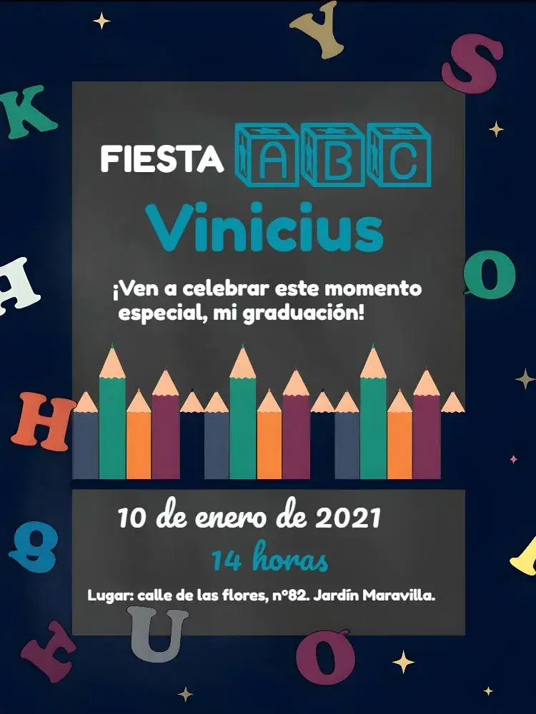 Invitación Fiesta De Graduación Infantil Abc – tema Graduación colorido, lúdico, moderno, divertido, educacional