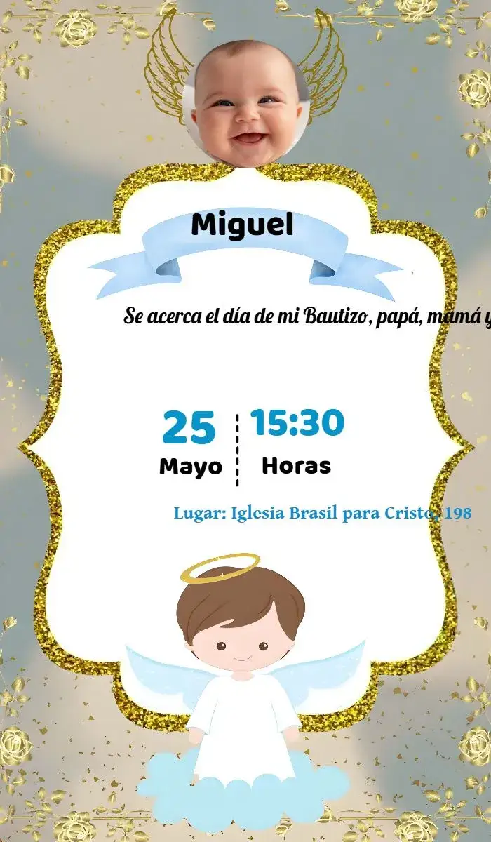 Invitación Presentación Bautizo Niño con Foto Bautismo – tema Primera Comunión azul, dorado, brillante, infantil, divino, elegante